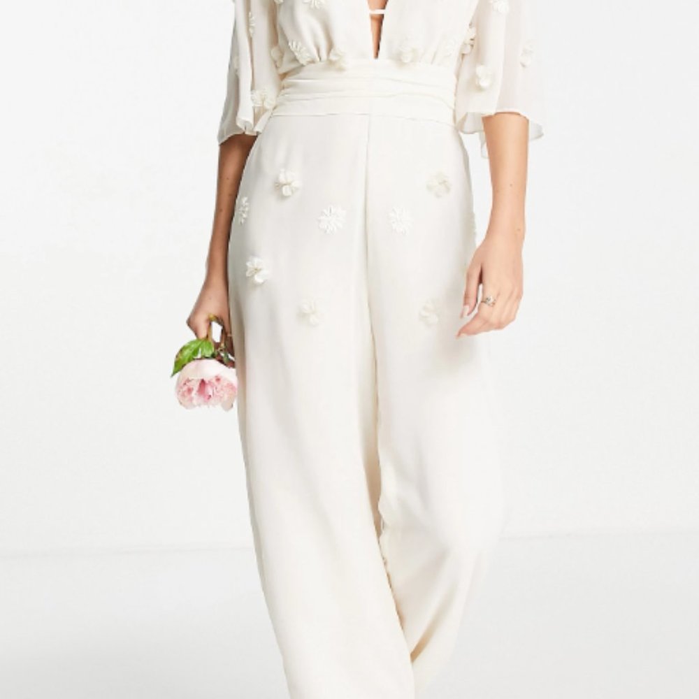 Hope & Ivy Bridal embroidered plunge jumpsuit in ivory Small